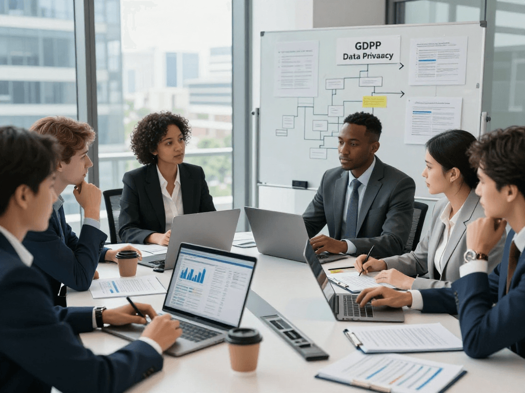 Business team analyzing Datenschutz reports in a professional office, focusing on Wissen / Blog-Hub compliance strategies.