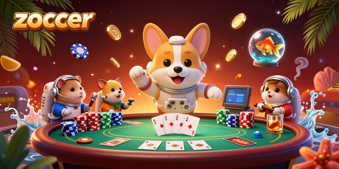 Experience zoccer with a vibrant illustration of a casino scene featuring a corgi, hamster, and goldfish in zero gravity.