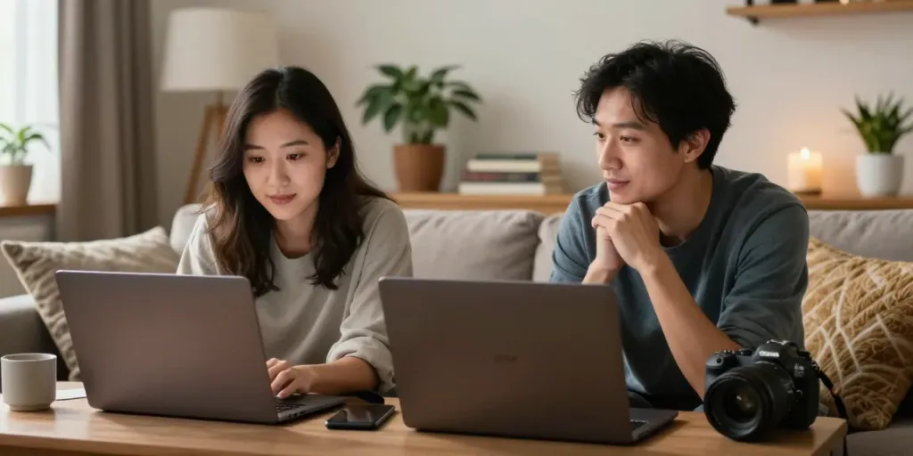 Engaging sex chat scene with two adults connecting from cozy spaces, highlighted by warm lighting.