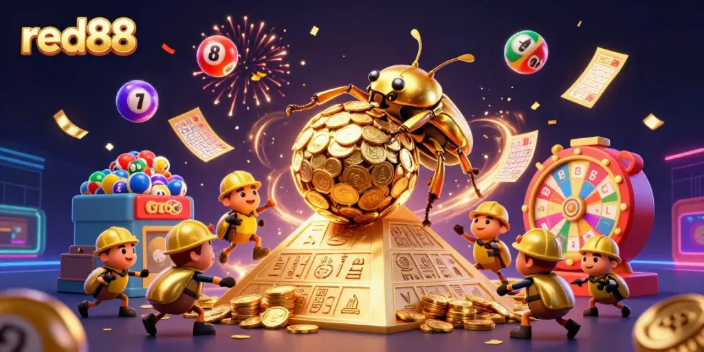 Experience the thrilling world of red88 with vibrant golden casino elements and exciting game visuals.