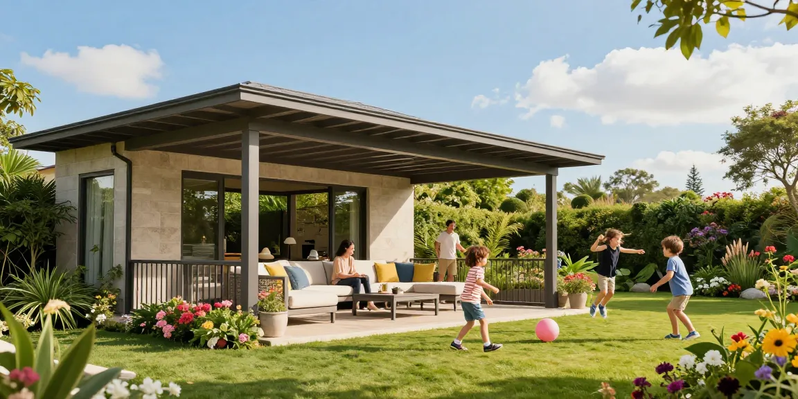Freistehende Terrassenüberdachung im Garten mit Familie, Sonnenstrahlen.