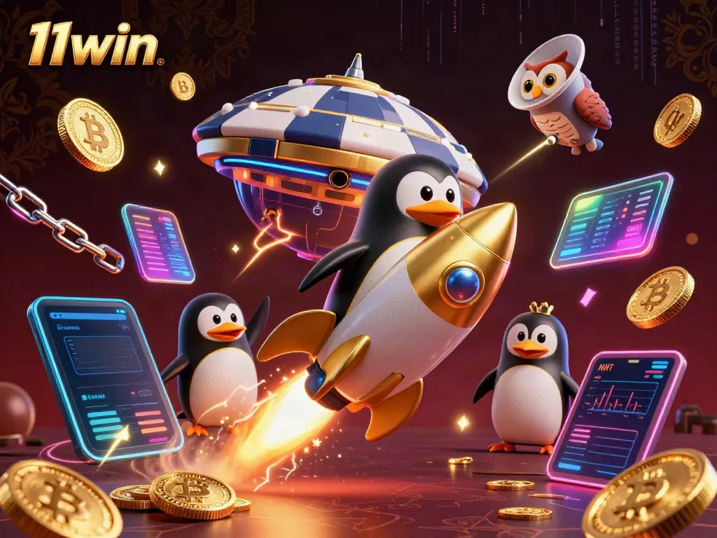 Experience the excitement of 11win with a golden penguin racing towards a casino space station amidst crypto coins and dynamic energy.
