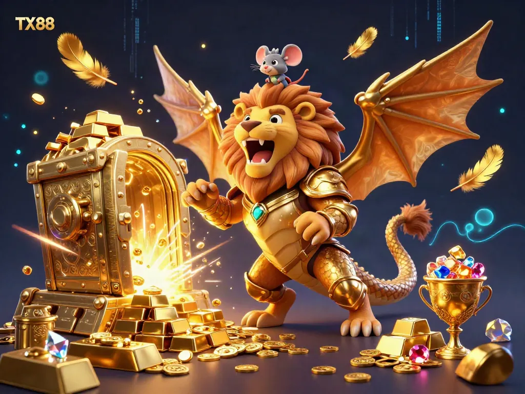 Experience the thrill of TX88 with this vibrant 3D casino illustration featuring a chimera, treasures, and dynamic gaming elements.