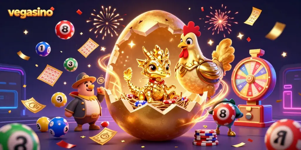 Experience thrilling gaming at vegasino with golden dragon and poker chips amidst vibrant lottery elements.