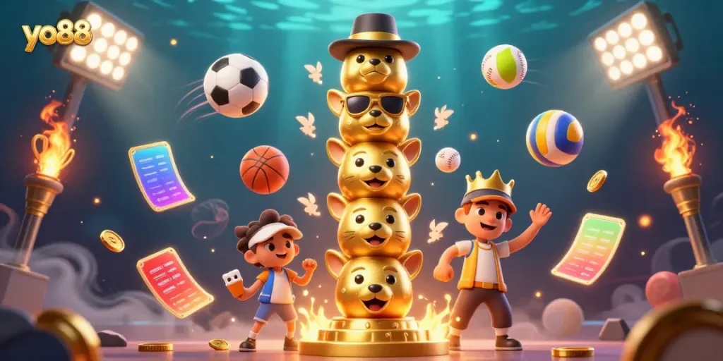 Experience exciting game dynamics with yo88 represented by a cartoon totem and sports betting elements.