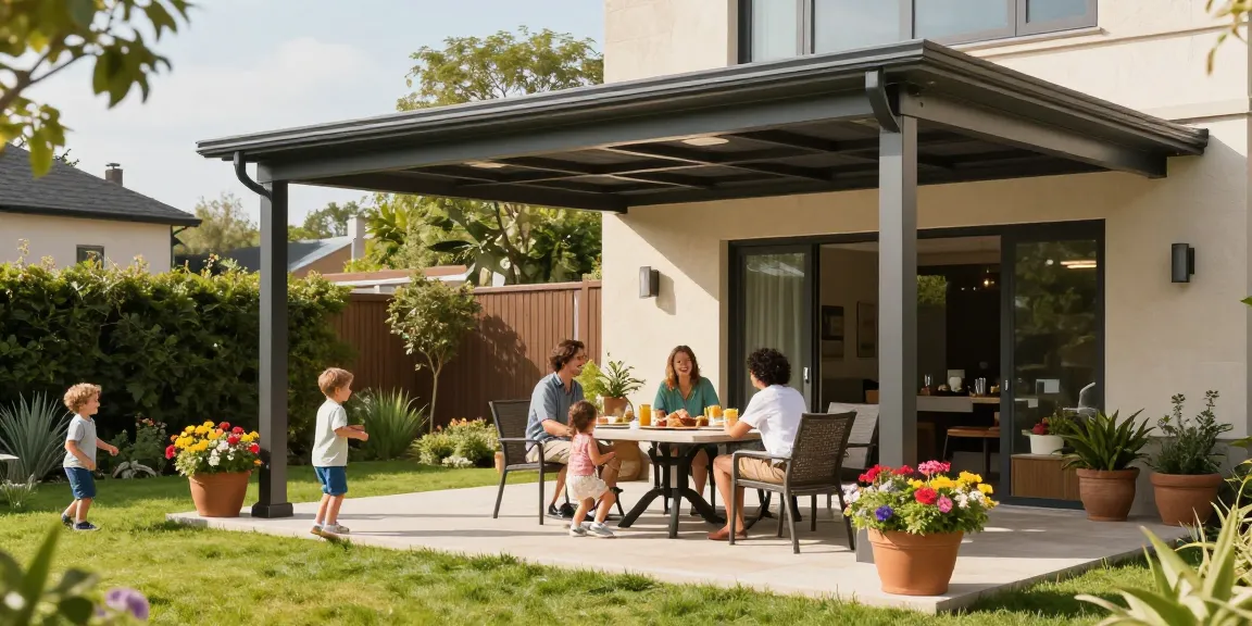 Familie genießt die Zeit unter einer Terrassenüberdachung, perfekt für entspannte Momente im Freien.