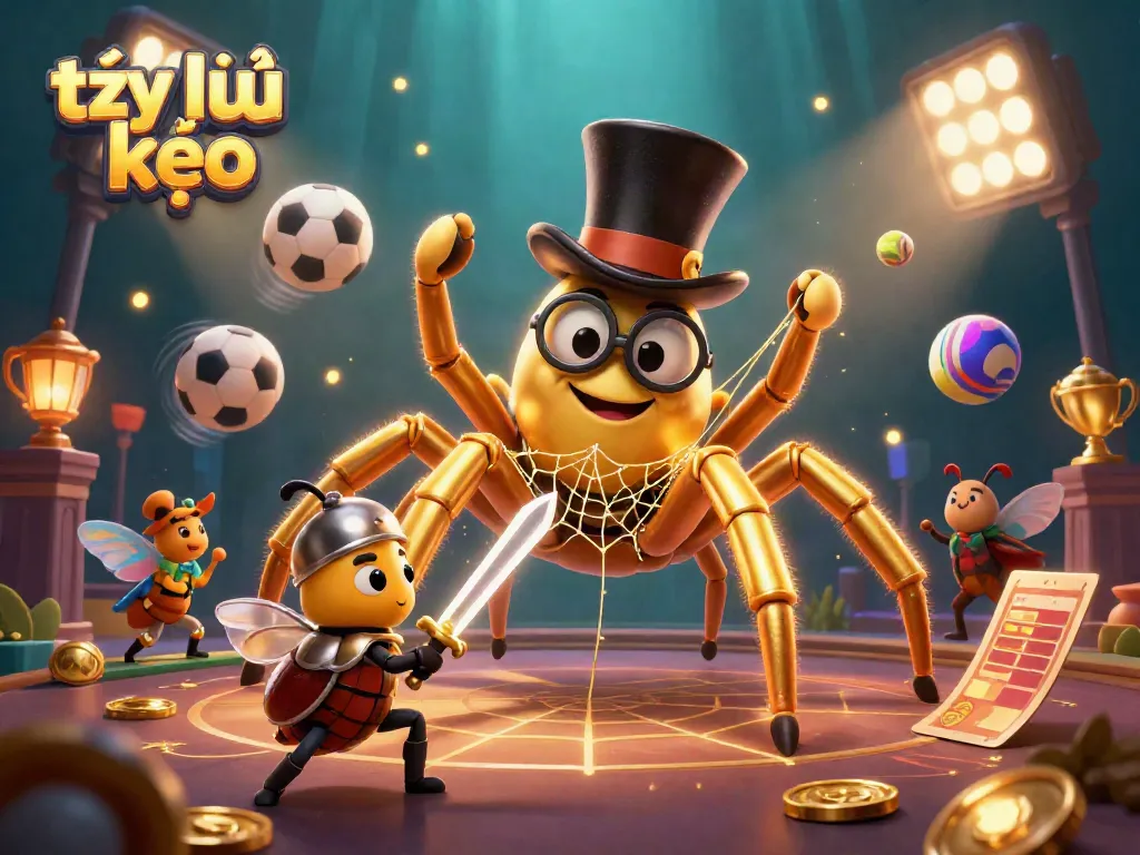 Engage with tỷ lệ kèo in this dynamic scene of a golden tarantula and beetle knight among sports elements.