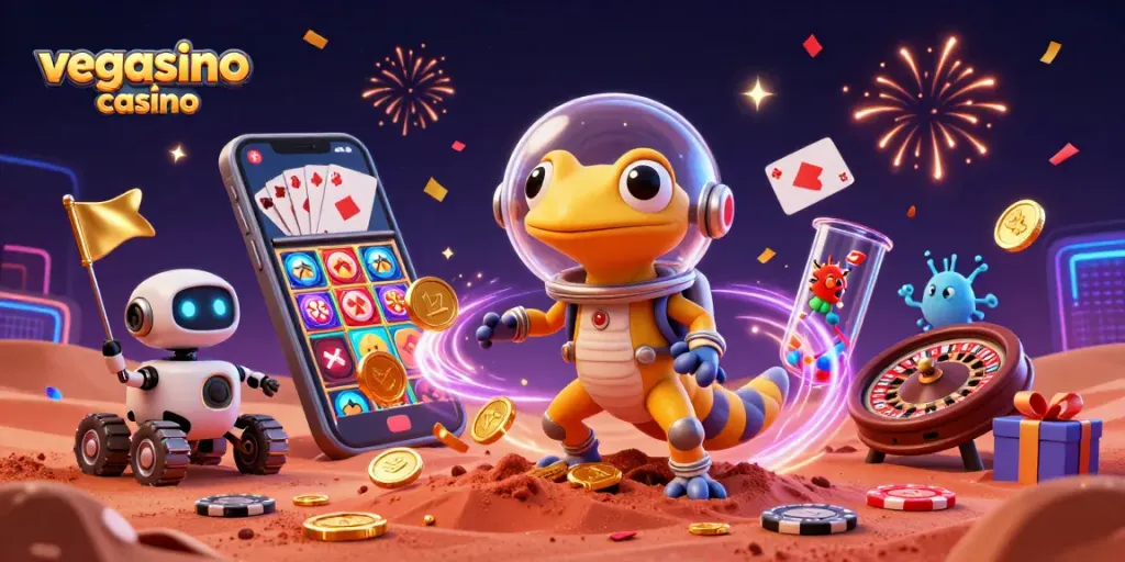 Engaging scene of a Martian gecko discovering a Vegasino casino, showcasing exciting gaming elements.