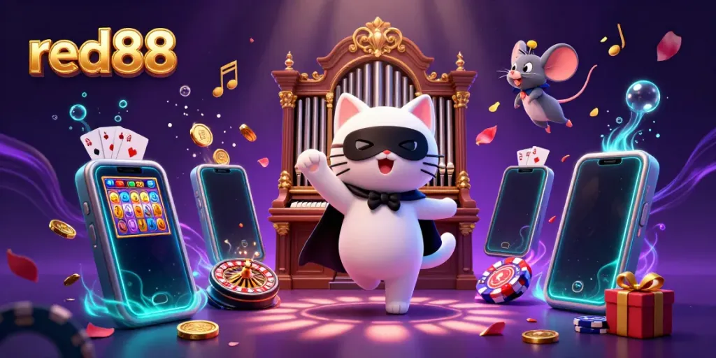Experience an immersive gaming adventure at red88 featuring a whimsical casino scene with vibrant characters and dynamic game elements.