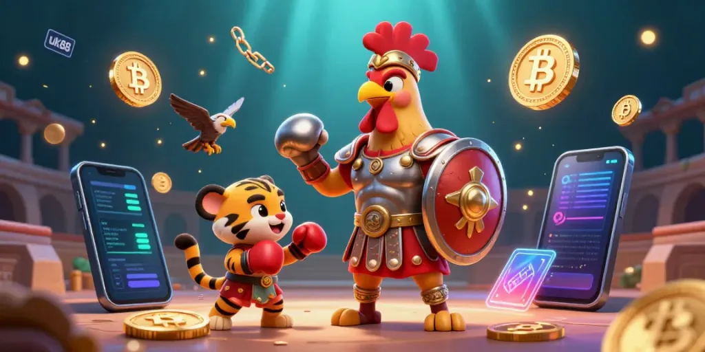 Experience exciting wins with uk88 in this vibrant 3D casino scene featuring a gladiator rooster.