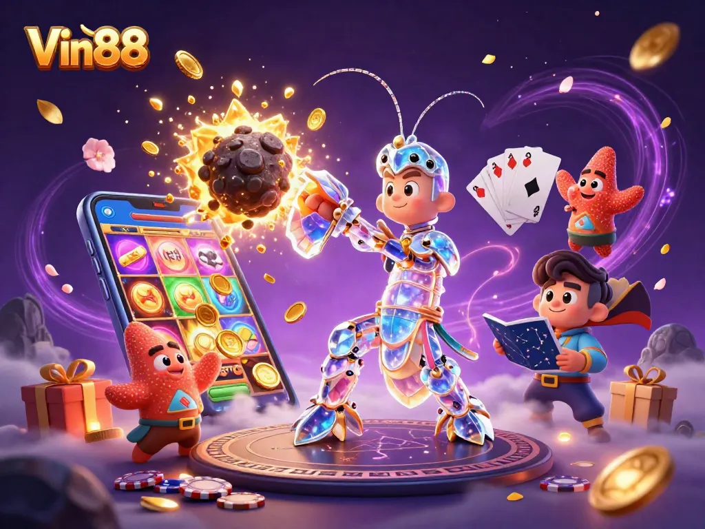 Experience the excitement of Vin88 with a vibrant 3D action scene featuring golden gems, slot games, and more.