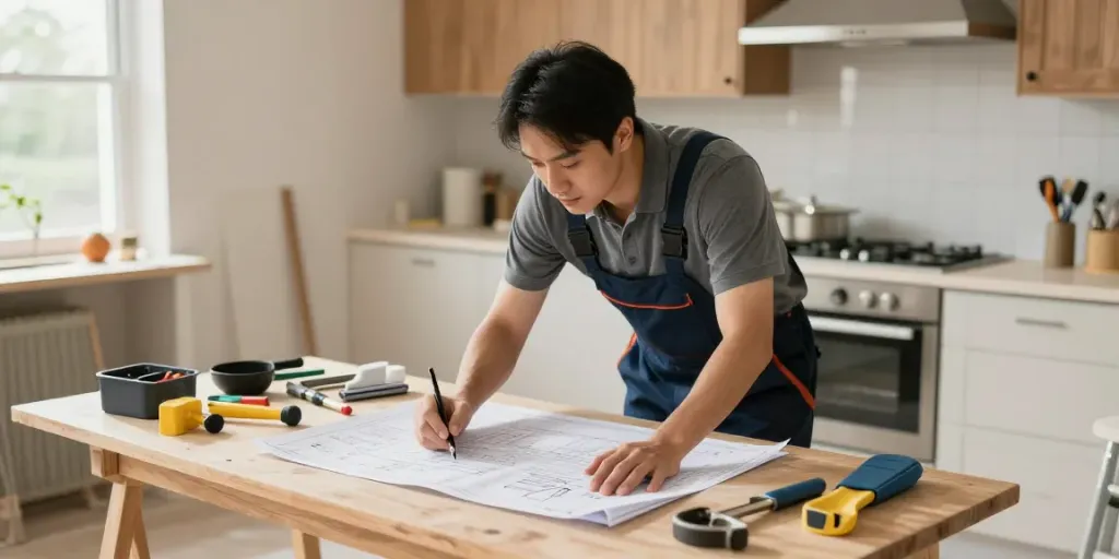 Professioneller Auftragnehmer bei der Arbeit mit Plänen, hier weiterlesen (generisch) für lokale Dienstleistungen in der Nähe.