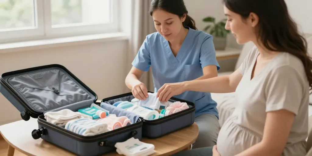 Checkliste für die Kliniktasche in einem vertrauenswürdigen lokalen Geschäft für Schwangerschaftsbedarf.
