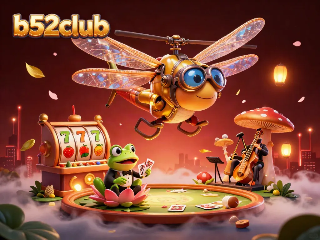 B52club's dynamic casino scene features a dragonfly pilot, frog dealer, and jazz-playing crickets amidst slots and vibrant decorations.