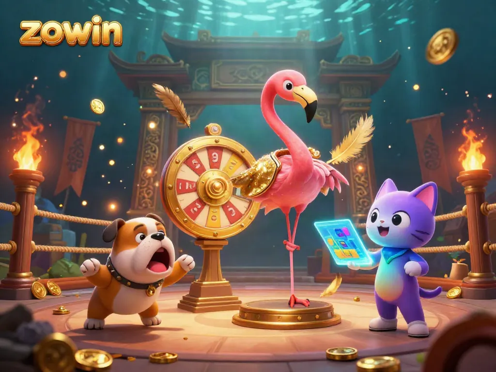 Zowin's vibrant casino illustration showcases thrilling gameplay with a flamingo host, bulldog contestant, and prize reveals.