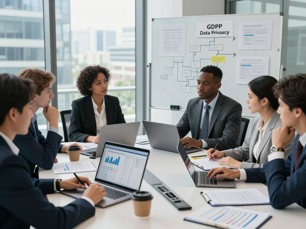 Business team analyzing Datenschutz reports in a professional office, focusing on Wissen / Blog-Hub compliance strategies.