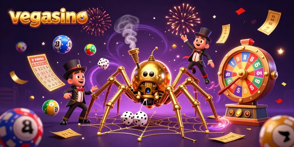 Vegasino casino's steampunk spider spins a jackpot web of fun, capturing lucky dice and colorful games.