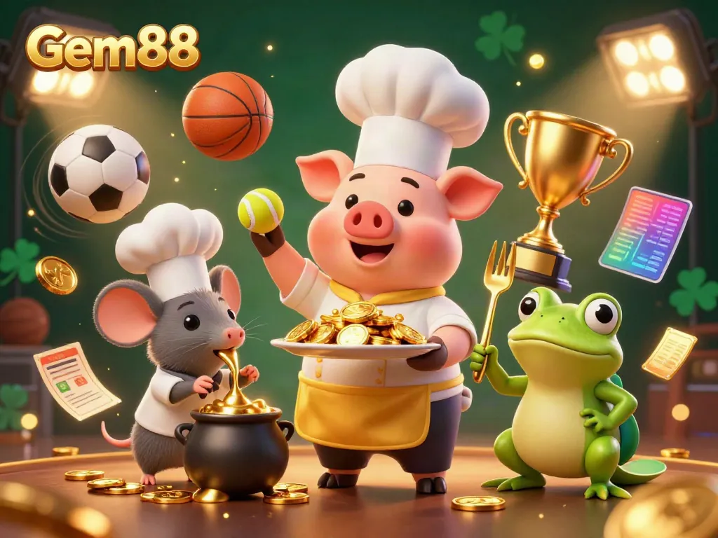 Engaging Gem88 scene with a pig chef, mouse sous-chef, and frog critic, surrounded by sports-themed elements.