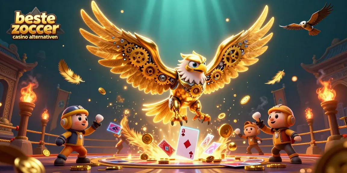 Erlebe die besten Zoccer Casino Alternativen mit einem goldenen Adler und Spielkarten in einer actionreichen 3D-Illustration.