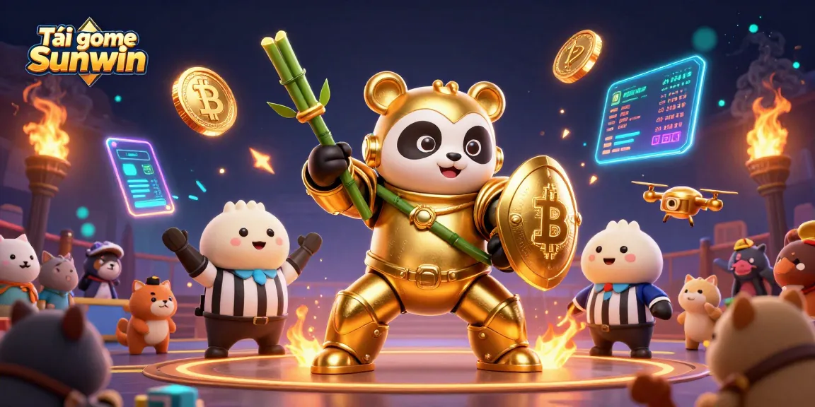 Tải game Sunwin with a vibrant scene of a golden mech-suit panda in a casino arena featuring crypto elements.